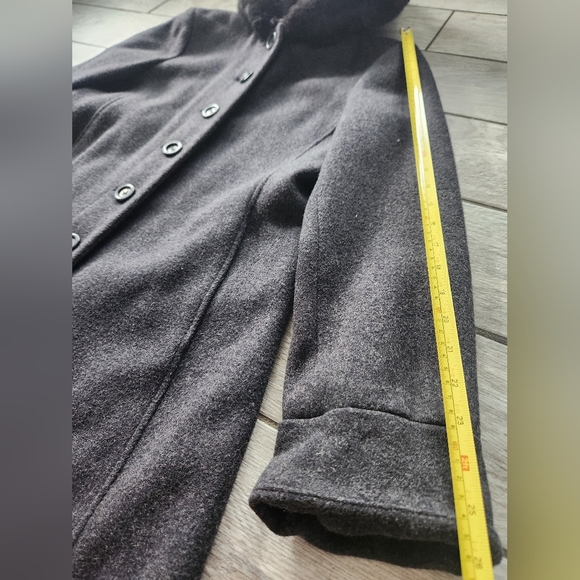 Worthington Long Wool Womens Trench Coat 10 P Rabbit Fur Trim Hooded Gray Vtg - Picture 10 of 15